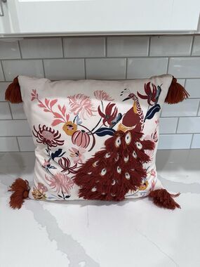 Boho Peacock Floral 3D Embroidered Tassel Fringe Decorative Throw Pillow